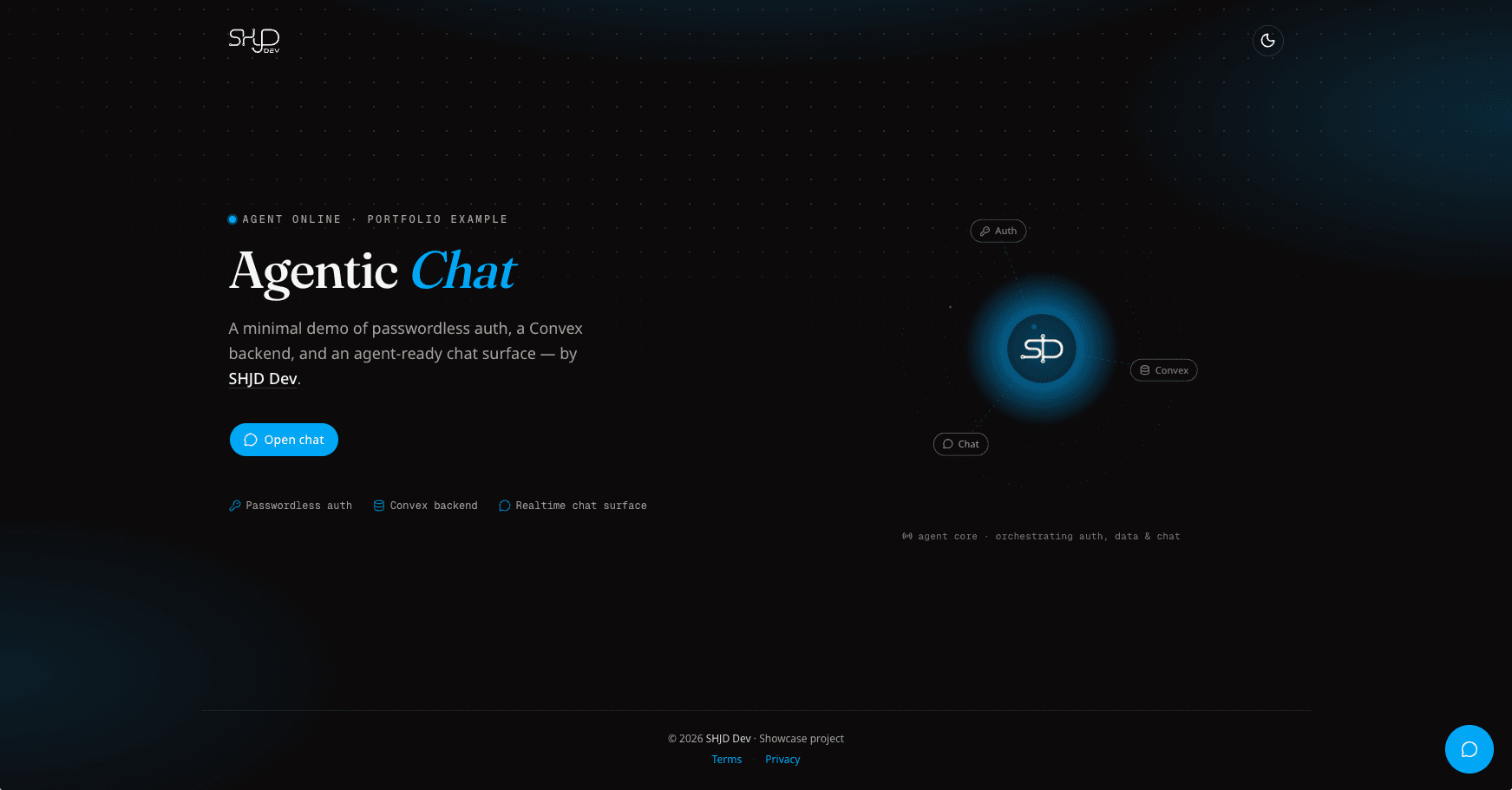 Agentic Chat portfolio demo — landing page with Open chat CTA