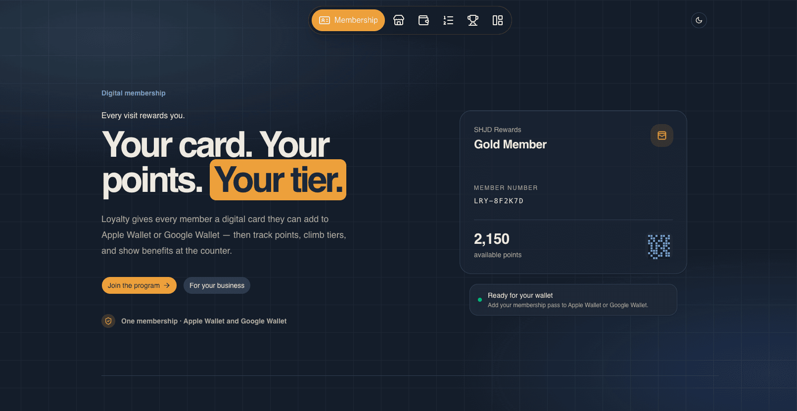 Loyalty membership demo — digital card for Apple Wallet and Google Wallet