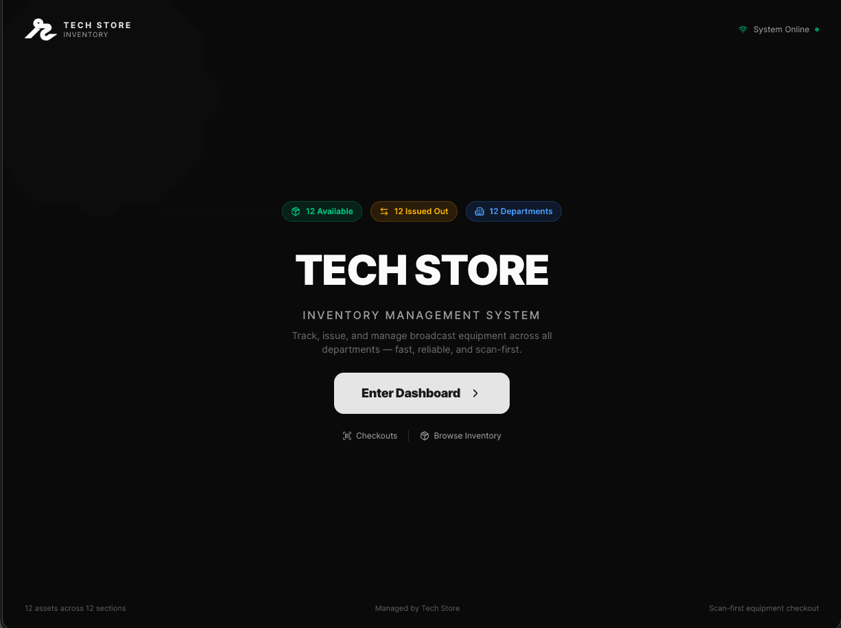 Tech Store — scan-first inventory and equipment checkout dashboard